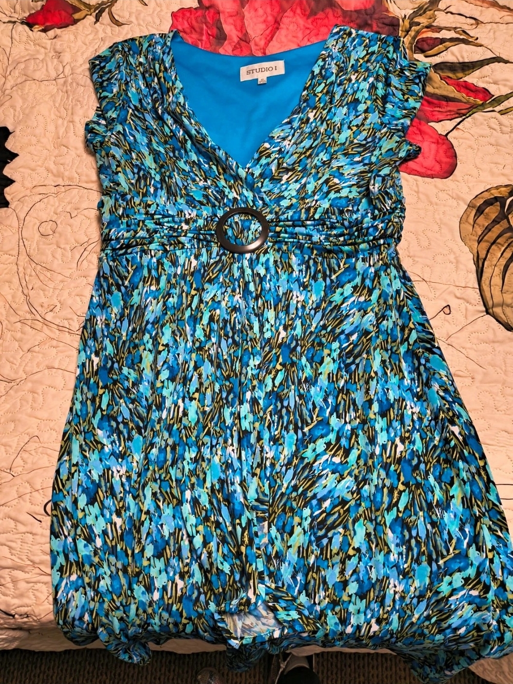 Studio 17 Blue Multi-Print V-Neck Empire Dress with Ring Detail